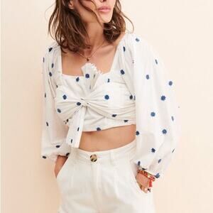 Farm Rio Floral Embroidered Cotton Tie-Front Crop Top - White & Blue XS